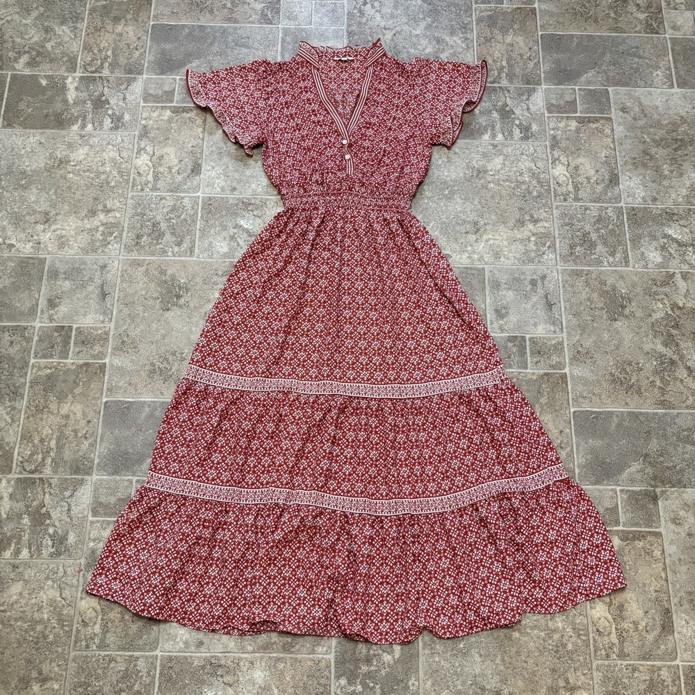 Max Studio Dress Small Red Floral Maxi Tiered Ruffle 70s Peasant Cottagecore